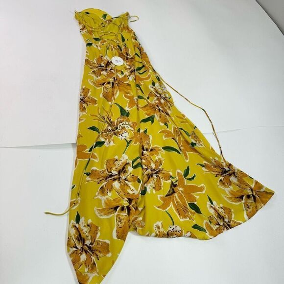 Luxxel Maxi Dress Women Small Yellow Floral Ruffle New Slit Open Back beachy - Picture 10 of 13